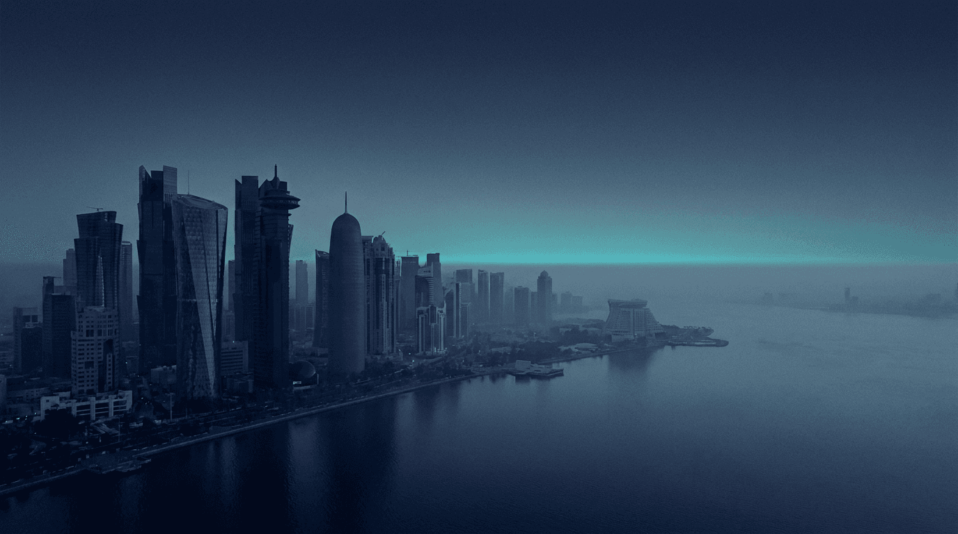 A modern Gulf city skyline at dusk in Velarys navy and teal, a visual metaphor for ordered growth and board-level governance.