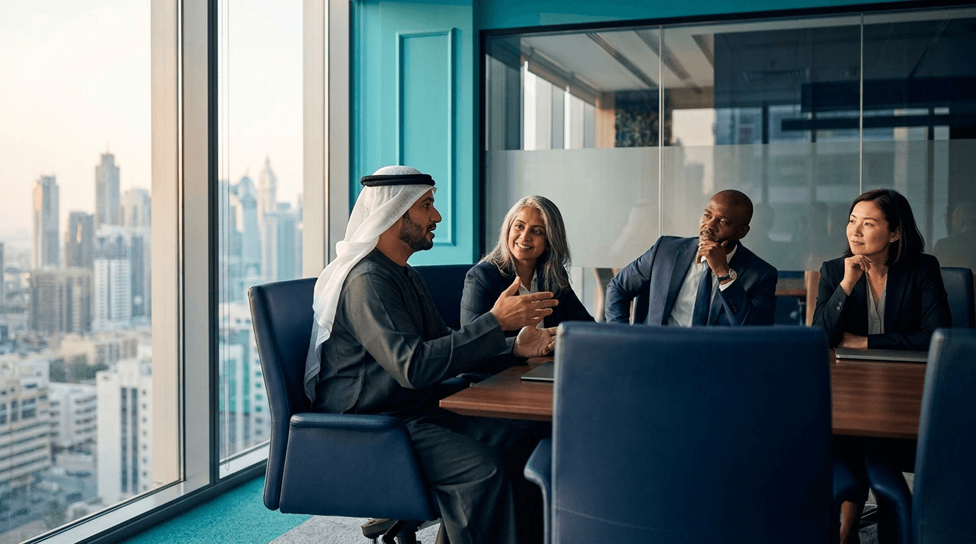 A composed chair leading a candid conversation with a diverse board of directors in a modern boardroom, in Velarys navy and teal.