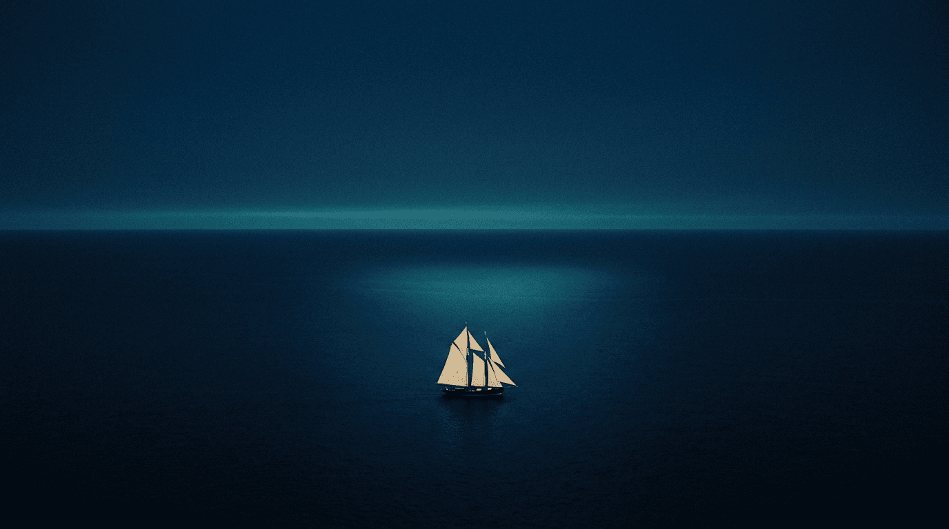 A single ship holding a steady course at dusk, a visual metaphor for an ordered succession, in Velarys navy and teal.