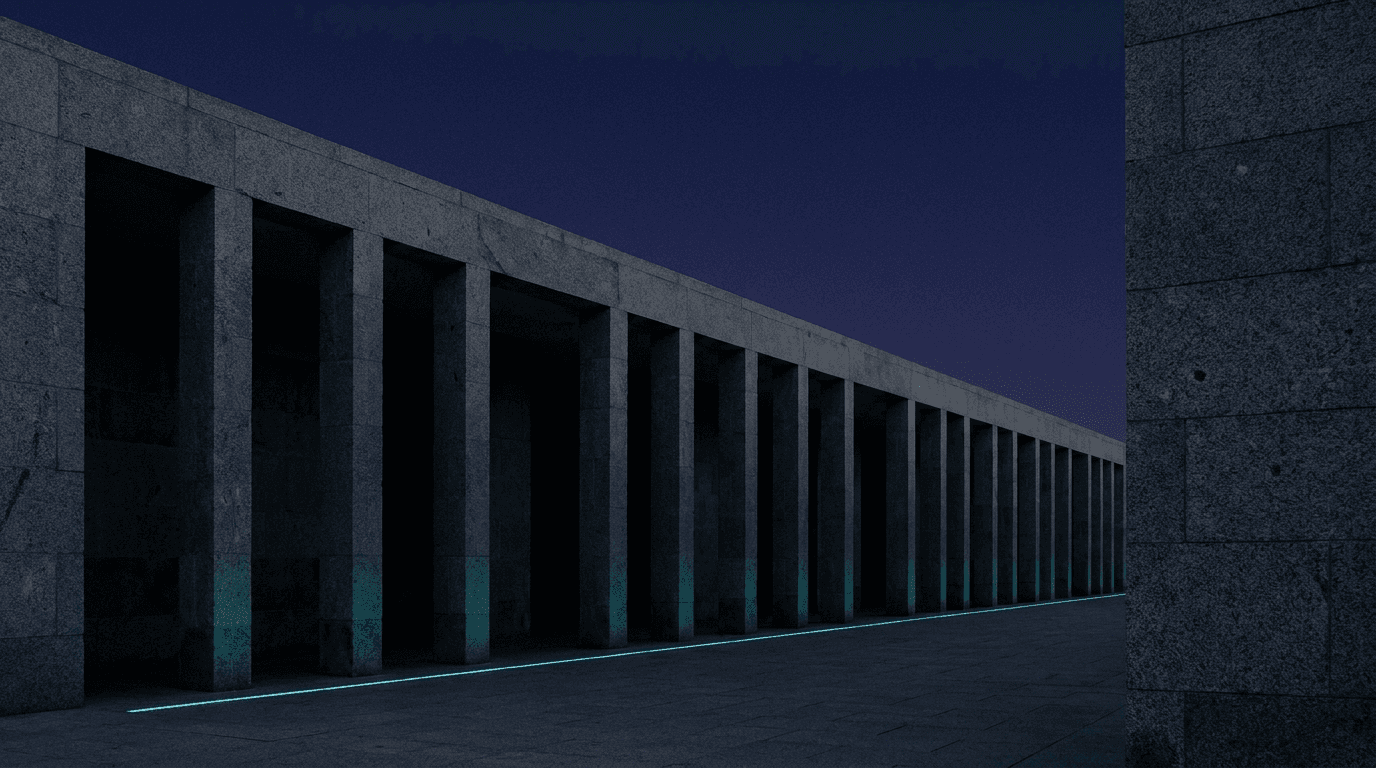 An ordered stone colonnade at dusk in Velarys navy and teal, a visual metaphor for institutional governance and permanence.